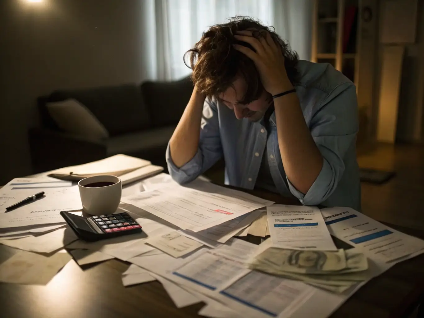 A person looking stressed while surrounded by bills and debt collection letters, symbolizing the burden of debt.