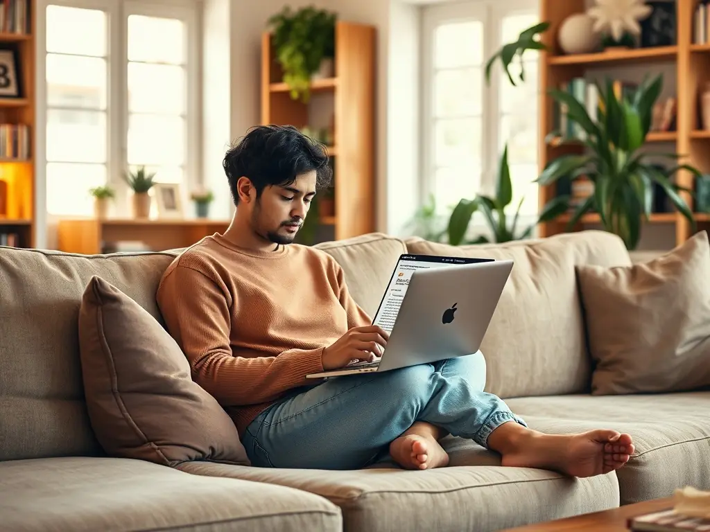 A person relaxing on a couch with a laptop, smiling and carefree, representing the freedom from bill-paying stress.