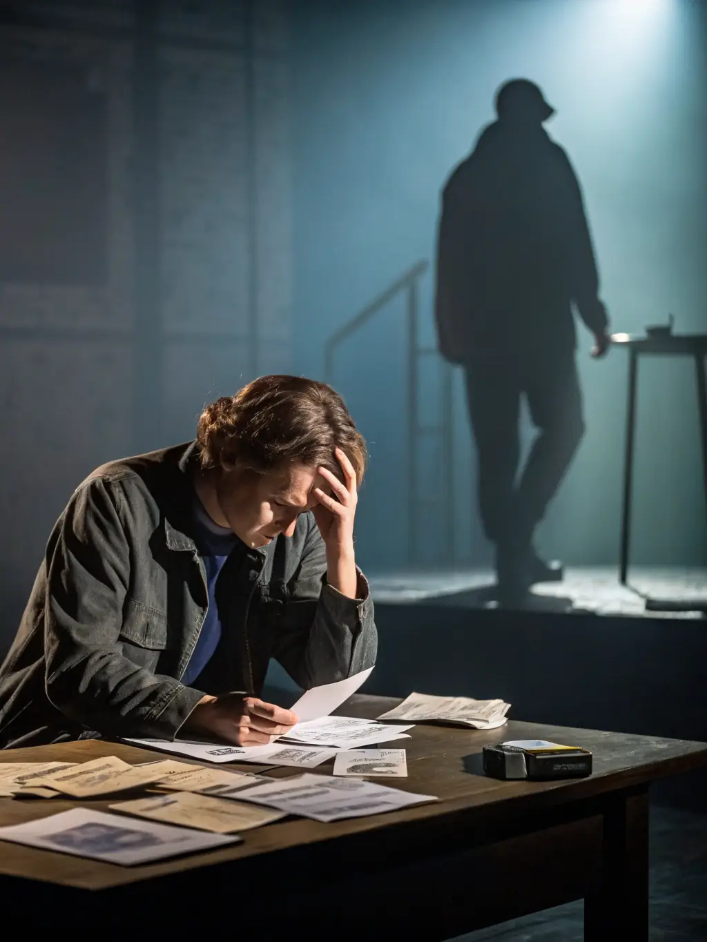 A concerned individual looking at a pile of overdue bills on a kitchen table, representing the stress of home foreclosures. The image should convey a sense of urgency and the need for financial assistance.