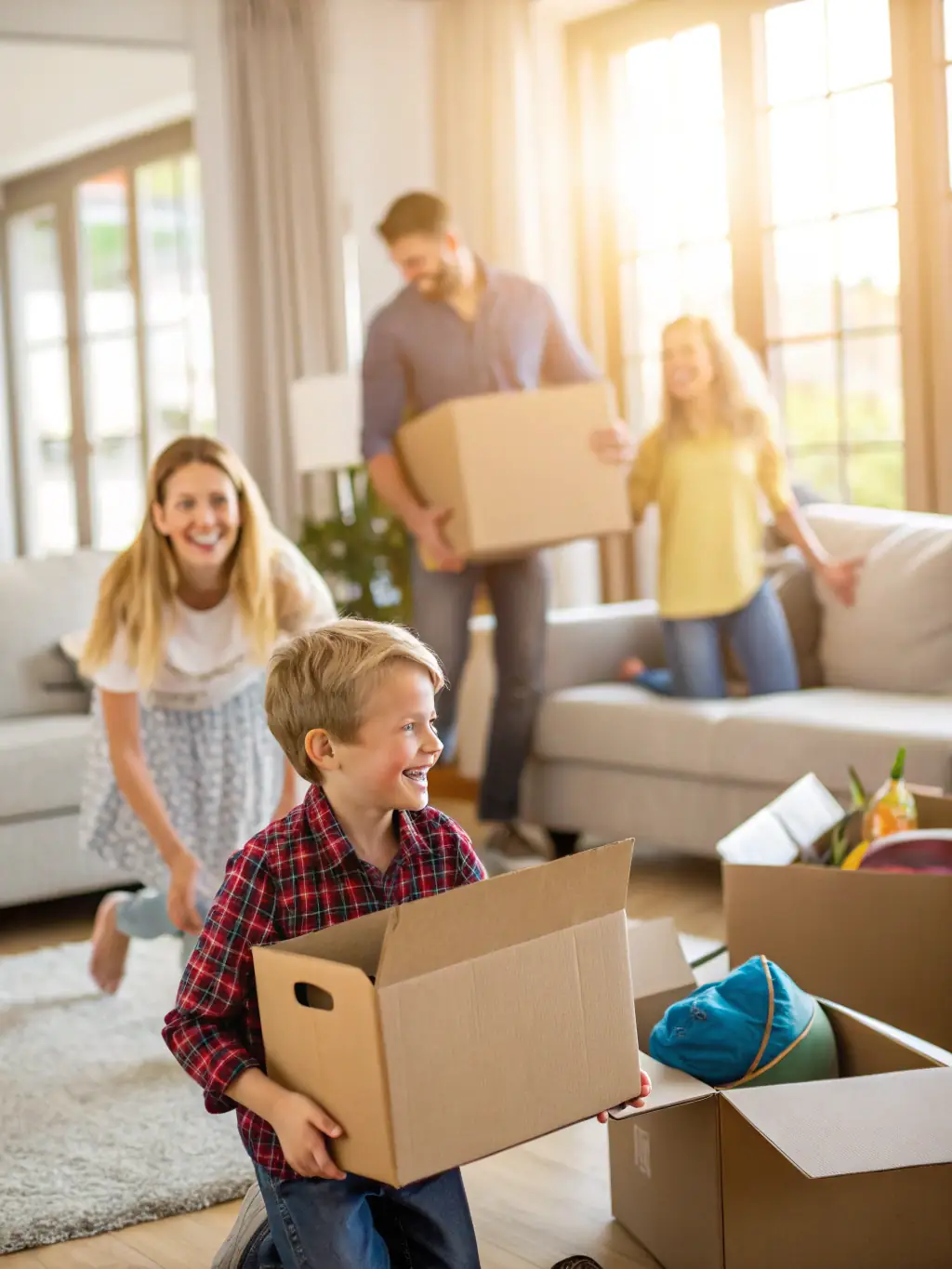 A family being evicted from their home, standing on the sidewalk with their belongings. The image should be in soft focus to convey empathy and understanding.